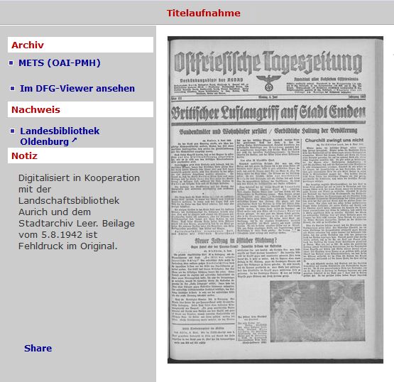 Ostfriesische Tageszeitung online (Zeitungssammlung der Oldenburgischen Landesbibliothek)