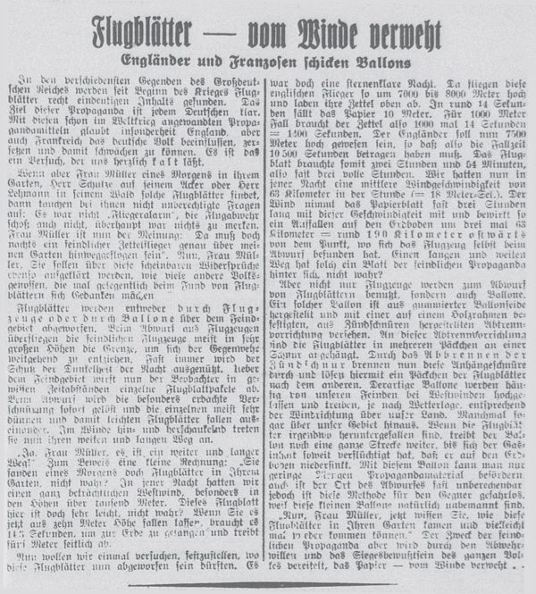 "Flugblätter - vom Winde verweht" (Ausschnitt aus der Ostfriesischen Tageszeitung vom 28. Februar 1940)