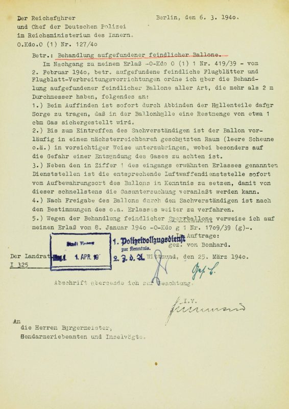 Anordnung des Reichsführers SS und Chefs der deutschen Polizei über die Behandlung aufgefundener Ballone, 1940