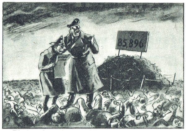 "Die begraben wir mit militärischen Ehren, von den Übrigen reden wir nicht." Karikatur in der "Luftpost" Nr. 19 vom Oktober 1941.