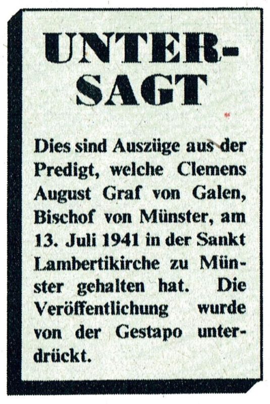 "Untersagt", Hinweis auf die Predigt des Bischofs von Münster in "Luftpost" Nr. 22 vom Oktober/November 1941.