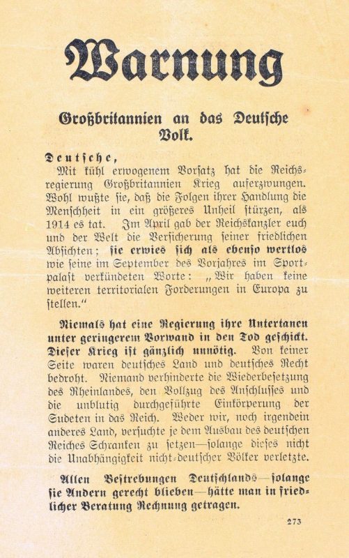 Warnung Großbritanniens an das deutsche Volk - Codezeichen 273 - 21,3 x 13,5 cm - zweiseitig bedruckt - vom 3. bis zum 11. September 1939 über dem Reichsgebiet verbreitet - am 8. September auf der Insel Wangerooge gefunden.