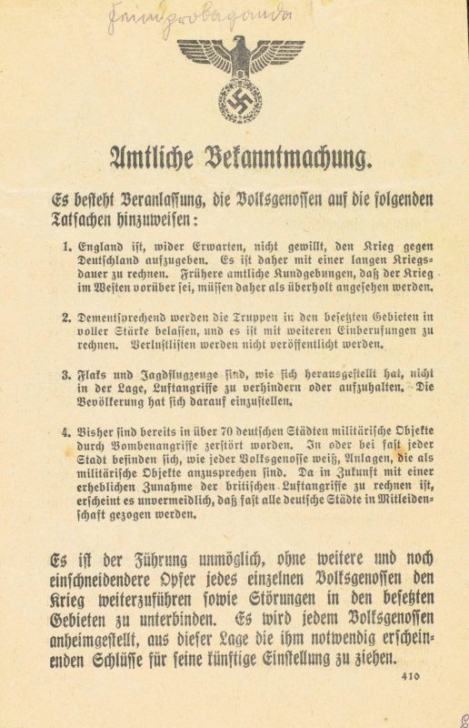 Amtliche Bekanntmachung - Codezeichen 410 - 21,3 x 13,6 cm - zweiseitig bedruckt - vom 22. Juli bis zum 25. August 1940 über dem Reichsgebiet, im Juli 1940 im Bereich der Staatspolizeistelle Wilhelmshaven verbreitet - am 20. August 1940 auf Wangerooge gefunden.