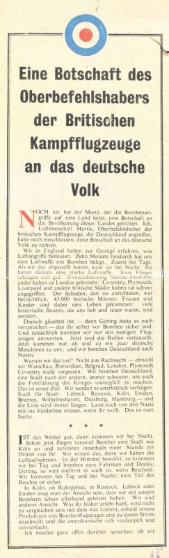 Eine Botschaft des Oberbefehlshabers ... - Codezeichen G.41 - 42,5 x 13,2 cm - zweiseitig bedruckt - vom 4. August bis 10. Oktober 1942 über dem Reichsgebiet verbreitet - am 22. August 1942 und im Herbst 1942 im Kreis Friesland gefunden.