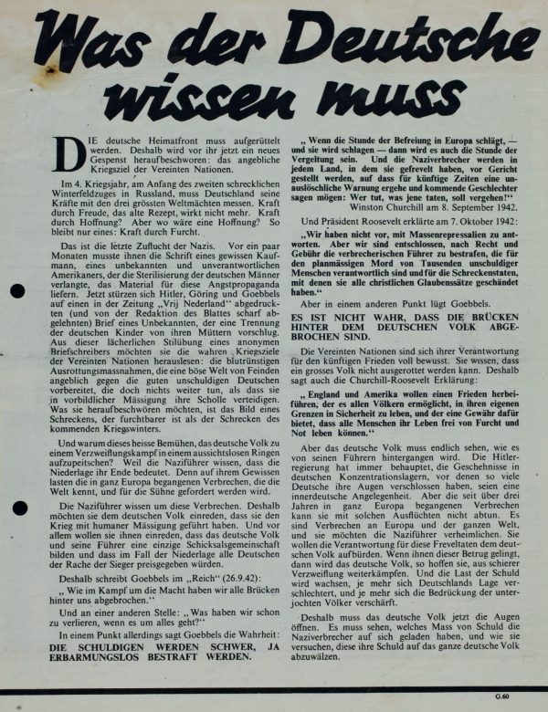 Was jeder Deutsche wissen muss - Codezeichen G.60 - 27,0 x 20,8 cm - vierseitig bedruckt - vom 15. Oktober 1942 bis zum 27. März 1943 über dem Reichsgebiet verbreitet - am 6. November 1942 über der Stadt Norden abgeworfen.
