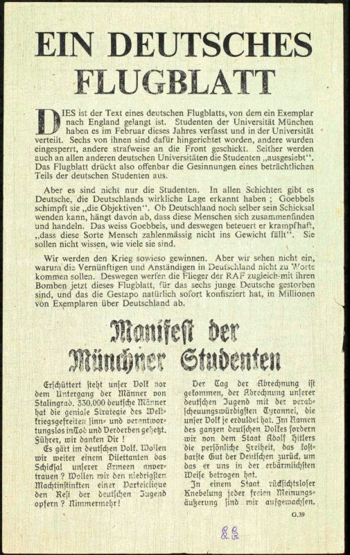 Ein deutsches Flugblatt - Codezeichen G.39 - 21,5 x 13,8 cm - zweiseitig bedruckt - vom 3. bis zum 25. Juli 1943 über dem Reichsgebiet verbreitet - am 13. Juli an verschiedenen Orten im Bereich der Staatspolizeistelle Wilhelmshaven gefunden.