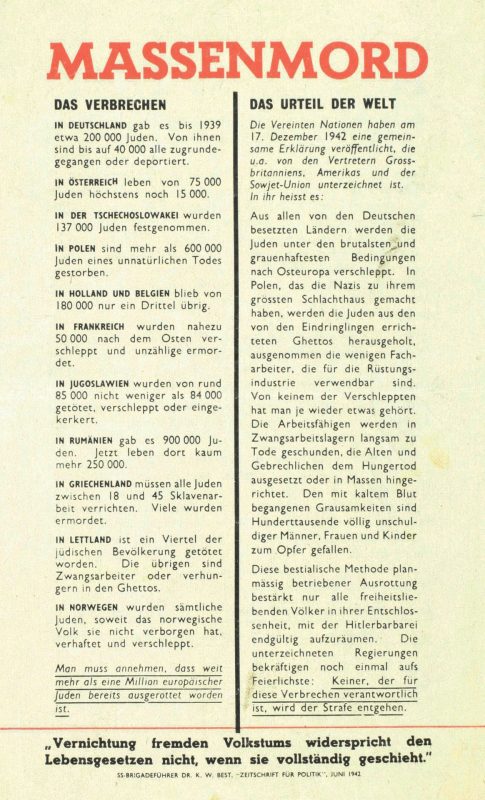 Massenmord - Codezeichen G.68 - 21,5 x 13,3 cm - zweiseitig bedruckt - Herkunft: England - von Januar bis Februar 1943 über dem deutschen Reichsgebiet verbreitet.