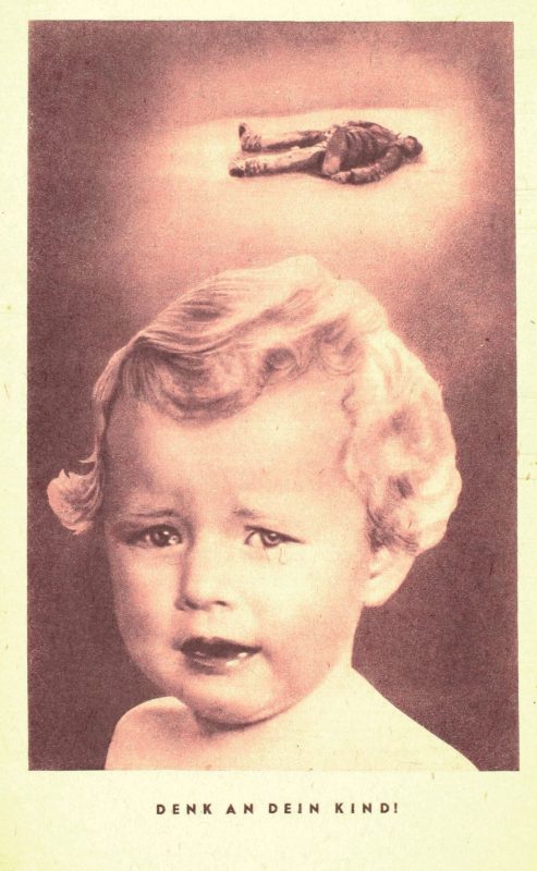 Denk an dein Kind! - Codezeichen 2543 - 22,5 x 14,6 cm - zweiseitig bedruckt - Herkunft: UdSSR - Mitte 1943 über deutschen Truppen in Russland verbreitet.