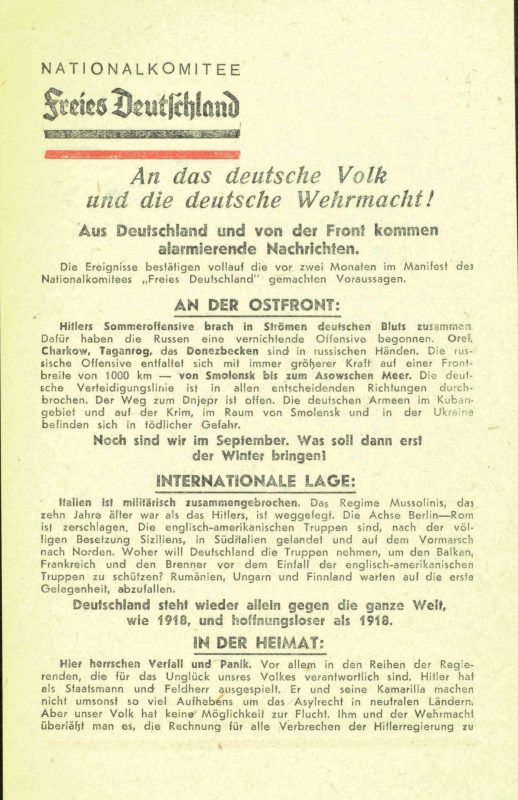 An das deutsche Volk ... - ohne Codezeichen - 20,0 x 12,8 cm - zweiseitig bedruckt - Herkunft: UdSSR, Nationalkomittee Freies Deutschland - im September 1943 über deutschen Truppen in Russland verbreitet.