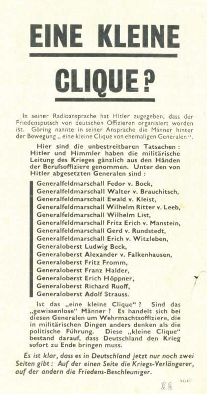 Eine kleine Clique? - Codezeichen XG 16 - 25,0 x 13,5 cm - Herkunft: England/USA - von Juli bis August 1944 über dem deutschen Reichsgebiet verbreitet.