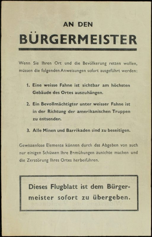 An den Bürgermeister - Codezeichen PWB-56 - 21,6 x 13,3 cm - zweiseitig bedruckt - Herkunft: England/USA - im April 1945 über dem Reichsgebiet an der Westfront verbreitet.