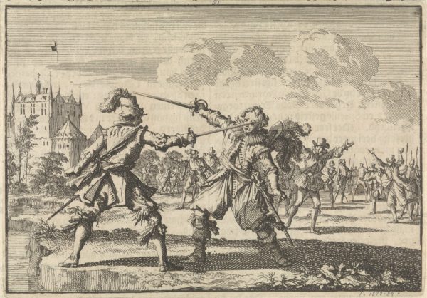 Rudolf Christian (Graf von Ostfriesland) wird im Duell tödlich verwundet - Kupferstich aus dem Rijksmuseum Amsterdam (J. Luyken, 1698)