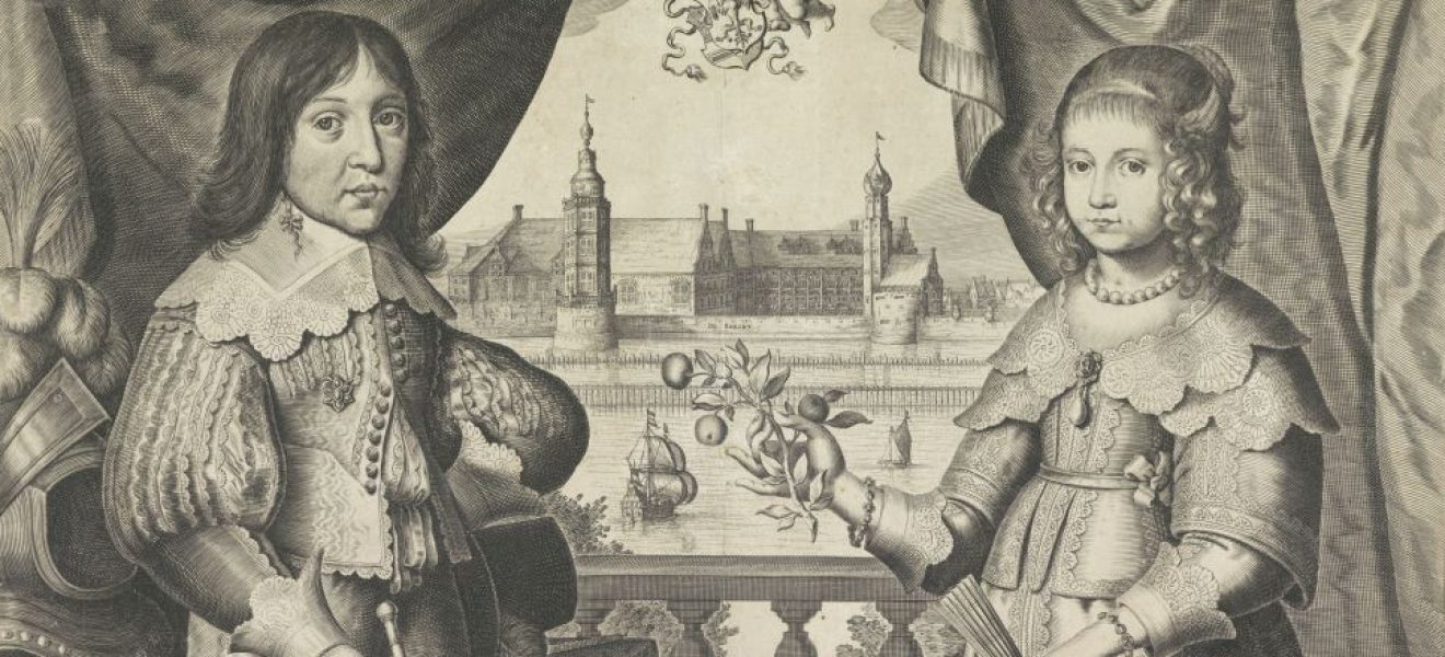 Enno Ludwig (Fürst von Ostfriesland) und seine Verlobte, Henriette Catharina von Oranien-Nassau, vor der Emder Burg - Kupferstich aus dem Rijksmuseum Amsterdam (C. J. Visscher, um 1645-1652)