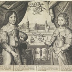 Enno Ludwig (Fürst von Ostfriesland) und seine Verlobte, Henriette Catharina von Oranien-Nassau, vor der Emder Burg - Kupferstich aus dem Rijksmuseum Amsterdam (C. J. Visscher, um 1645-1652)