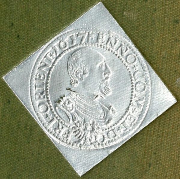 Enno III. (Graf von Ostfriesland) - Münzporträt (Reichstaler-Klippe, 1617. Nachbildung auf Umschlag zu Dodge, From Squire to Prince)