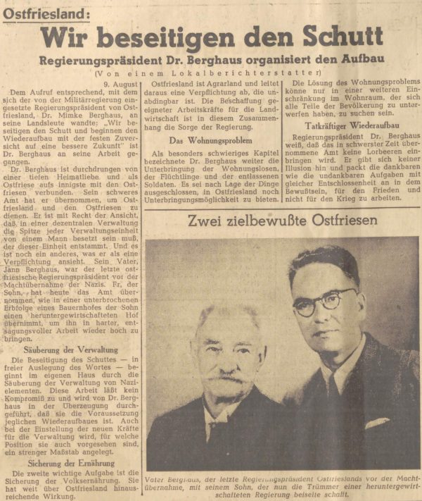 Nordwest-Nachrichten - Bericht vom 10. August 1945 über den Regierungspräsidenten Dr. Berghaus