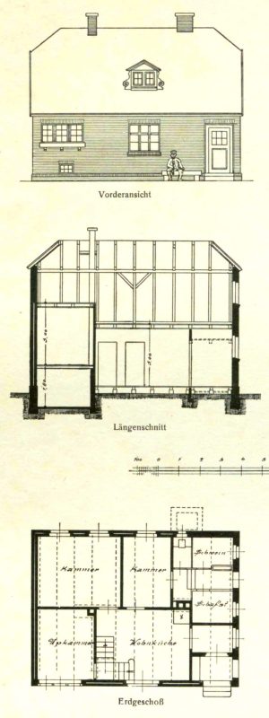 Freistehendes Einfamilienhaus mit Stall - Vorderansicht, Längenschnitt und Grundriss (Erdgeschoss)