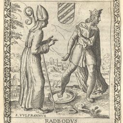 Radbod verweigert die Taufe durch Wulfram - Kupferstich aus Hamconius: Frisia seu De viris rebusque Frisiae illustribus (P. Feddes von Harlingen, 1620)