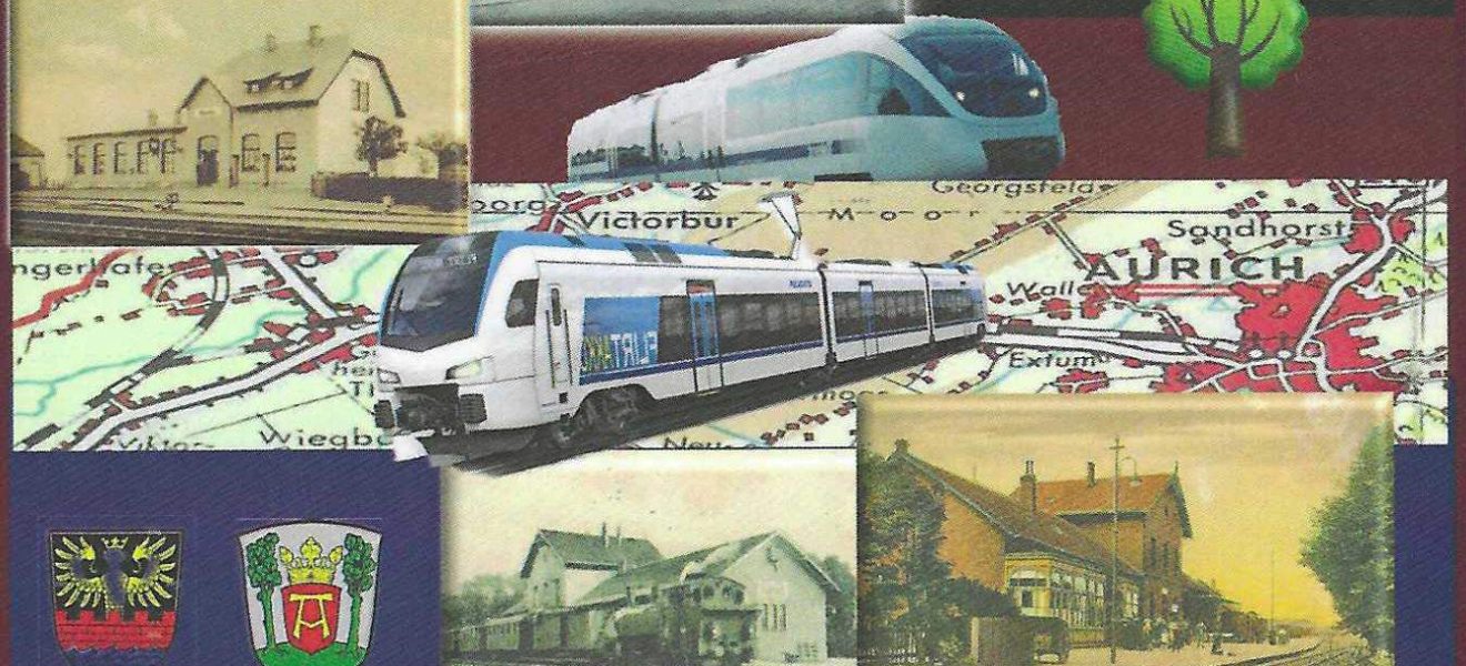 Karl Georg Schroll: "Aurich - Abelitz" - Umschlagillustration mit Abbildungen von Bahnhöfen, Zügen und Stadtwappen