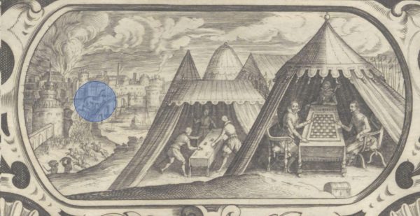 August II. (Herzog von Braunschweig-Lüneburg): Das Schach- oder König-Spiel - Ausschnitt des Titelblatts mit der Darstellung der Legende des Palamedes