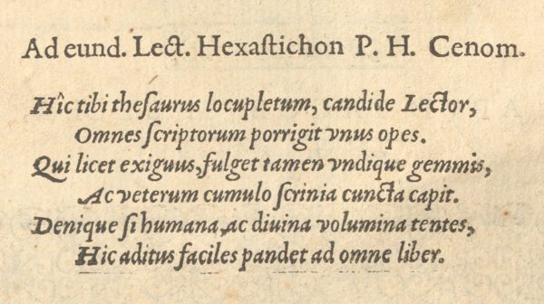 Dictionarium historicum, ac poeticum - Hexastichon (Widmungsgedicht)