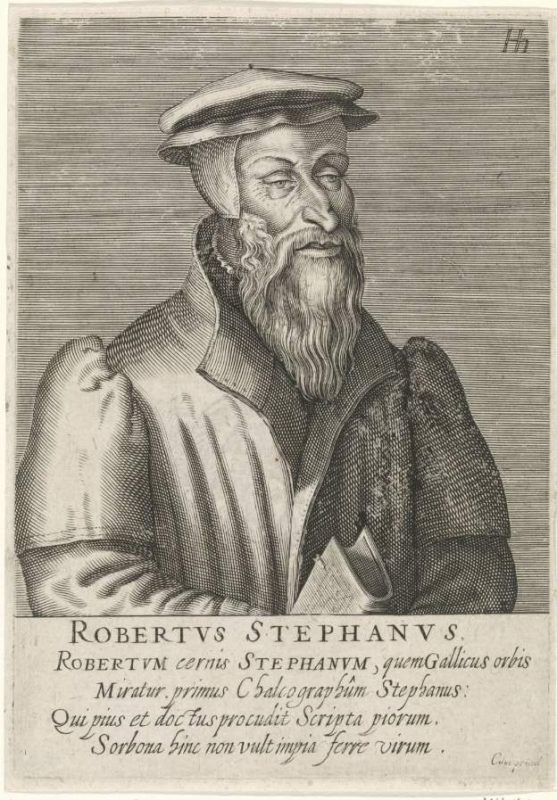 Robert Estienne - Kupferstich-Porträt aus Verheiden: Praestantium aliquot Theologorum, qui Rom. Antichristum præcipue oppugnarunt Effigies (H. Hondius, 1602)