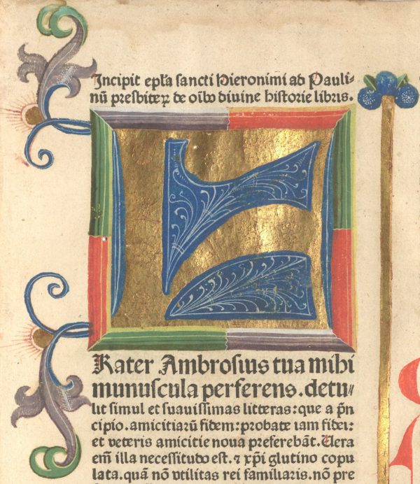 [Biblia latina] (gedruckt in Nürnberg durch Anton Koburger 1480) - Textanfang mit goldener Initiale F (Frater)