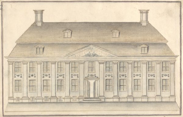 Zeichnung der Fassade des Waisenhauses (W. C. Schneider, 1714, aus: Rechnung der Einnahm und Aus-Gabe des Waysenhauses zu Esens)