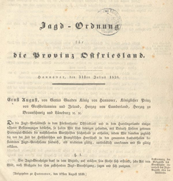 Jagd-Ordnung für die Provinz Ostfriesland - Titel und Textbeginn