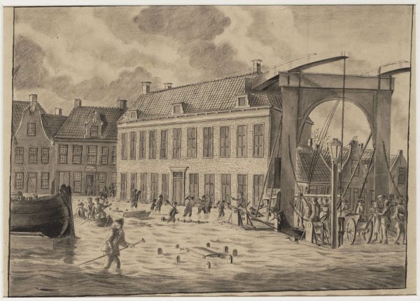 Die Schleuse in Lemmer bei der Flut 1825 (Federzeichnung von Steven Tjittes Reitsm im Besitz des Fries Scheepvaart Museum)