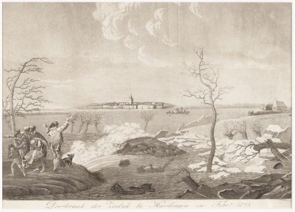 Durchbruch des Seedeichs bei Harlingen im Februar 1825 (Druck im Besitz des Zuiderzeemuseum Enkhuizen