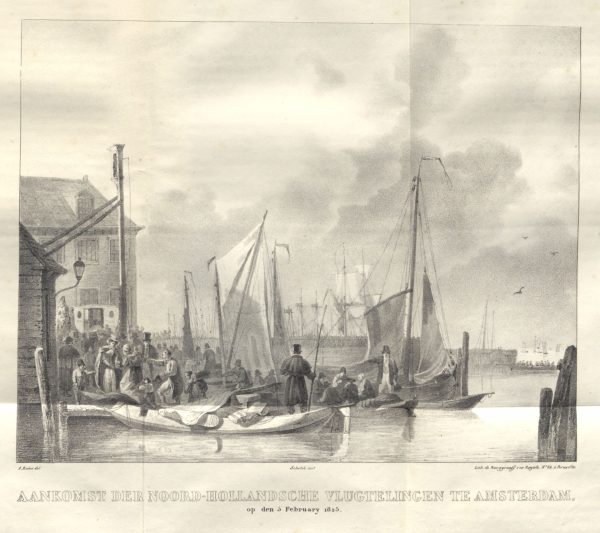 Johan Coenraad Beijer: Gedenkboek van Neerlands Watersnood, in Februarij 1825 - Tafel: Aankomst der Noord-Hollandsche vlugtelingen te Amsterdam op den 5 Februarij 1825 (Lithografie von A. Boëns nach Schotel)