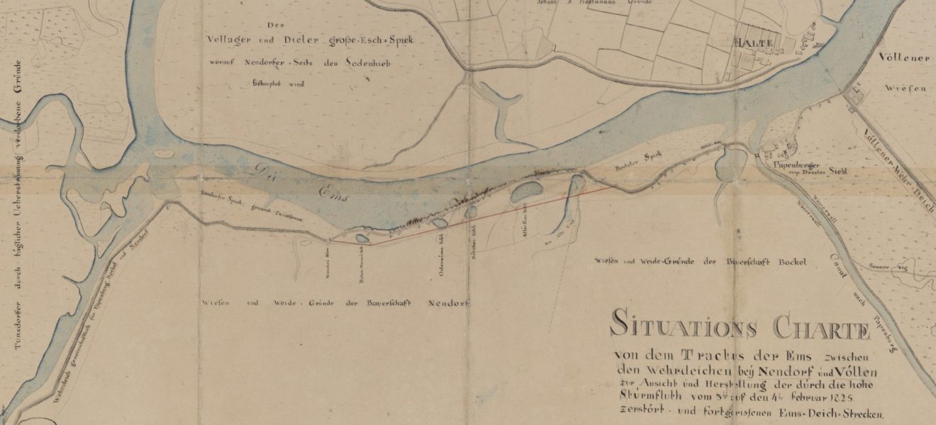 Situationskarte von dem Tractus der Ems zwischen den Wehrdeichen bei Nenndorf und Völlen zur Ansicht und Herstellung der durch die hohe Sturmflut vom 3. auf den 4. Febrauar 1825 zerstört und fortgerissenen Ems-Deich-Strecken, entwofen und ausgefertigt im Februar 1825 vom Ingenieur Meyer zu Papenburg