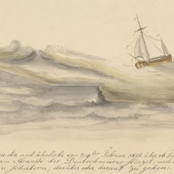 Abbildung, wie das Wasser bei Sturmfluten, wie die und ähnliche vom 3. und 4. Februar 1825, über 16 Fuß über ordinäre Fluthöhe, über die Deiche am Strande des Deutschmeeres stürzet, und wie ein Schiff im Begriff ist, an dem Deich zu scheitern, darüber oder darauf zu gehen.