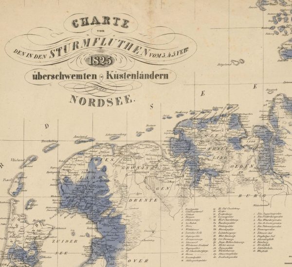 Karte von den in den Sturmfluten vom 3., 4., 5. Februar 1825 überschwemmten Küstenländern an der Nordsee, entworfen und gezeichnet von Fridrich Arends, Bremen 1826 - mit nachträglich eingefärbten Überflutungen (Ausstehnitt Ostfriesland und nördliche Niederlande)