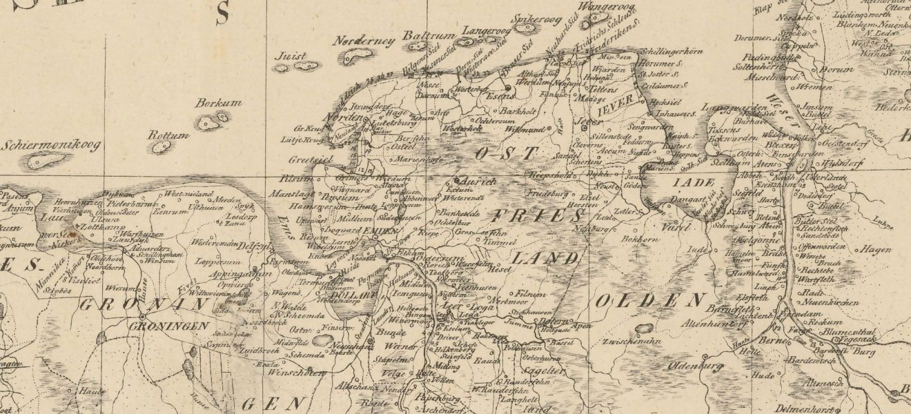 Karte von den in den Sturmfluten vom 3., 4., 5. Februar 1825 überschwemmten Küstenländern an der Nordsee, entworfen und gezeichnet von Fridrich Arends, Bremen 1826 (Ausschnitt Ostfriesland)