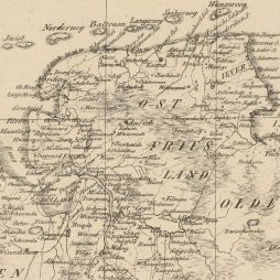 Karte von den in den Sturmfluten vom 3., 4., 5. Februar 1825 überschwemmten Küstenländern an der Nordsee, entworfen und gezeichnet von Fridrich Arends, Bremen 1826 (Ausschnitt Ostfriesland)