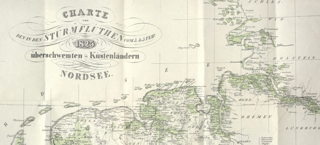 Fridrich Arends: Karte von den in den Sturmfluten vom 3., 4., 5. Februar 1825 überschwemmten Küstenländern an der Nordsee