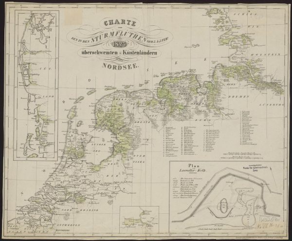 Fridrich Arends: Karte von den in den Sturmfluten vom 3., 4., 5. Februar 1825 überschwemmten Küstenländern an der Nordsee