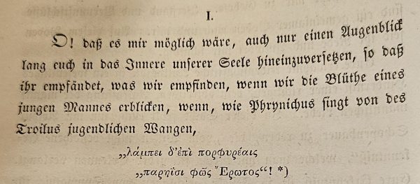 Karl Heinrich Ulrichs: Social-juristische Studien über mannmännliche Geschlechtsliebe - Erste Schrift (1864): "Vindex" - Beginn der Einleitung: O! dass es mir möglich wäre auch nur einen Augenblick land euch in das Innere unserer Seele hineinzuversetzen, so dass ihr empfändet, was wir empfinden, wenn wir die Blüte eine jungen Mannes erblicken ...!