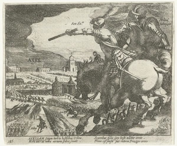 Sir Philip Sidney (rechts) und Maurits von Oranien bei der Eroberung der Stadt Axel in Zeeland am 17. Juli 1586 - Kupferstich aus dem Rijksmuseum Amsterdam (Simon Frisius, 1613-1615)
