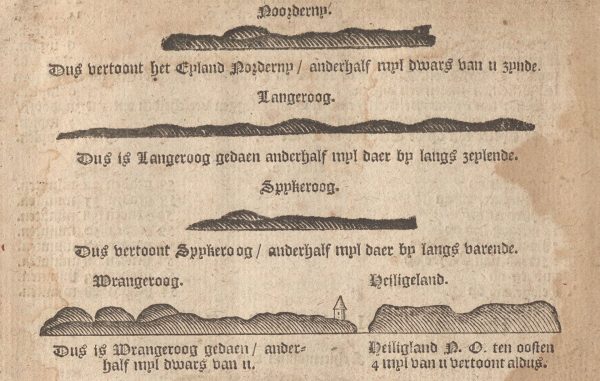 Claas J. Vooght: De nieuwe groote verbeterde lootsmans wegwyzer, of nieuwe lichtende zee-fakkel - "Vertoningen" (Seitenansichten von See) überwiegend östlicher ostfriesischer Inseln