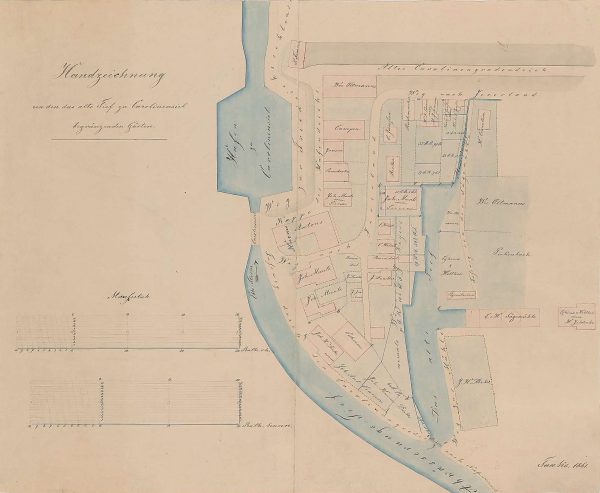 Arend Emanuel Taaks: Hafen, Abwässerungstief und altes Tief in Carolinensiel mit den angrenzenden Gehöften und Ländereien (Kolorierte Zeichnung von 1861, Niedersächisches Landesarchiv, Abteilung Aurich, Rep. 244, B Nr. 2499)