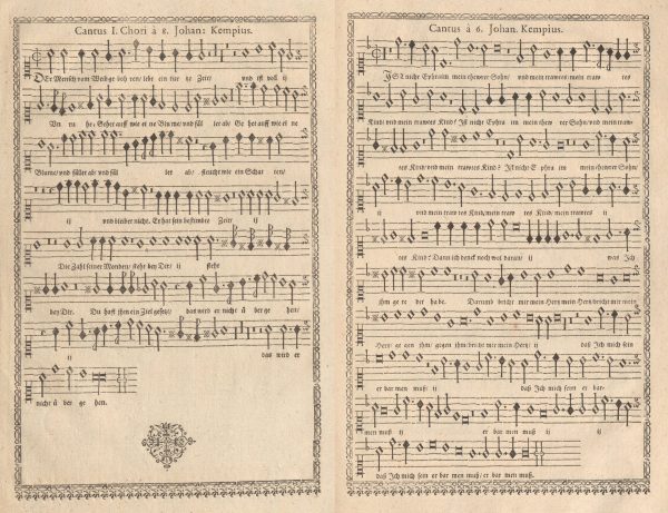 Restaurierte Partitur y 8311 - Stimmen: Cantus I der achstimmigen Motette "Der Mensch vom Weib geboren" und Cantus der sechsstimmigen Motette "Ist nicht Ephraim mein teurer Sohn"