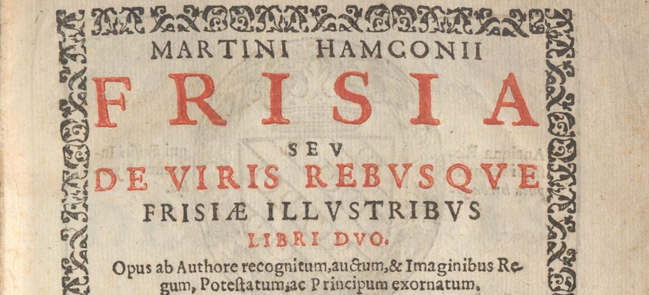Martinus Hamconius: Frisia seu De viris rebusque Frisiae illustribus - Titelblatt der Ausgabe von 1620 mit Wappen in Rotdruck