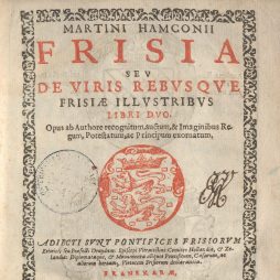 Martinus Hamconius: Frisia seu De viris rebusque Frisiae illustribus - Titelblatt der Ausgabe von 1620 mit Wappen in Rotdruck