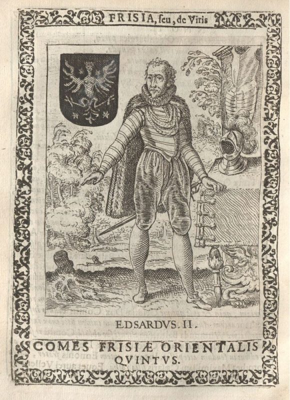 Martinus Hamconius: Frisia seu De viris rebusque Frisiae illustribus - Blatt 57 verso: Edzard II., Graf von Ostfriesland (Kupferstich, Pieter Feddes von Harlingen, 1620)