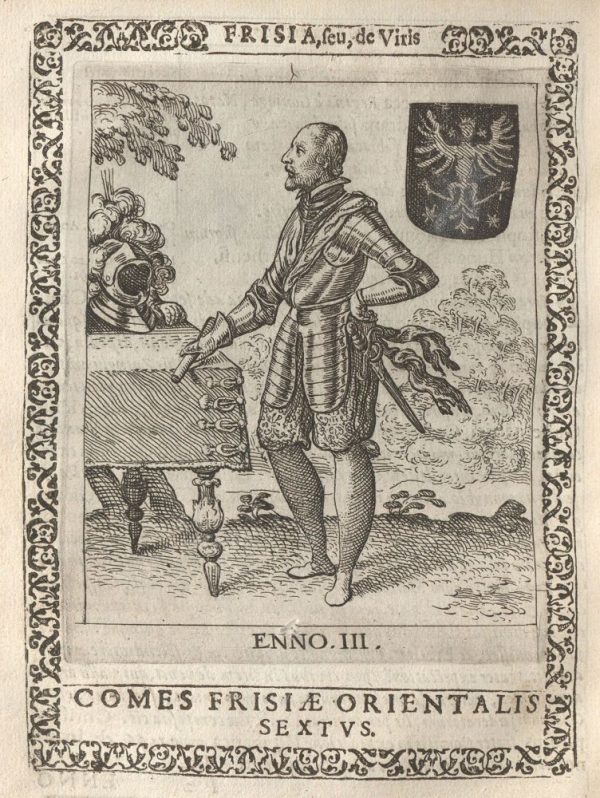 Martinus Hamconius: Frisia seu De viris rebusque Frisiae illustribus - Blatt 58 verso: Enno III., Graf von Ostfriesland (Kupferstich, Pieter Feddes von Harlingen, 1620)