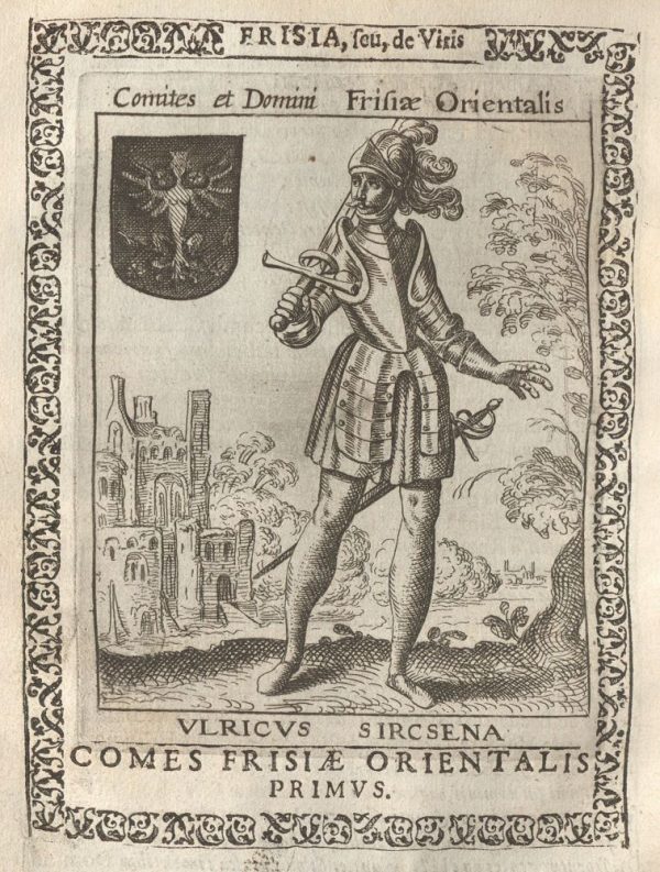 Martinus Hamconius: Frisia seu De viris rebusque Frisiae illustribus - Blatt 53 verso: Ulrich I., Graf von Ostfriesland (Kupferstich, Pieter Feddes von Harlingen, 1620)