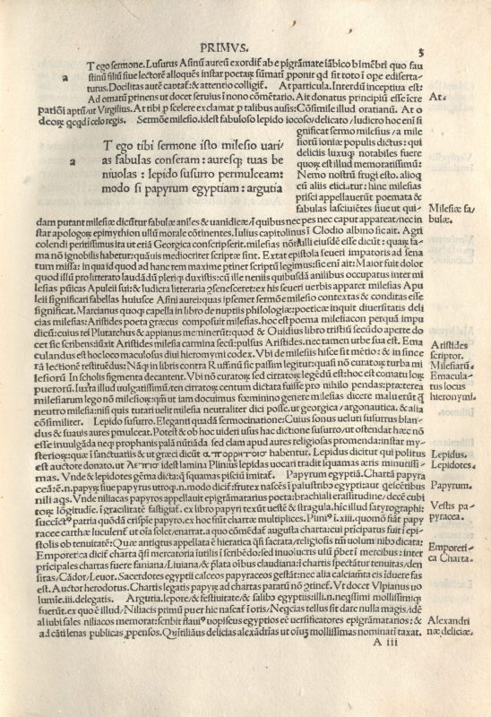 Commentarii a Philippo Beroaldo conditi in Asinum Aureum Lucii Apuleii - Textbeginn mit Kommentar